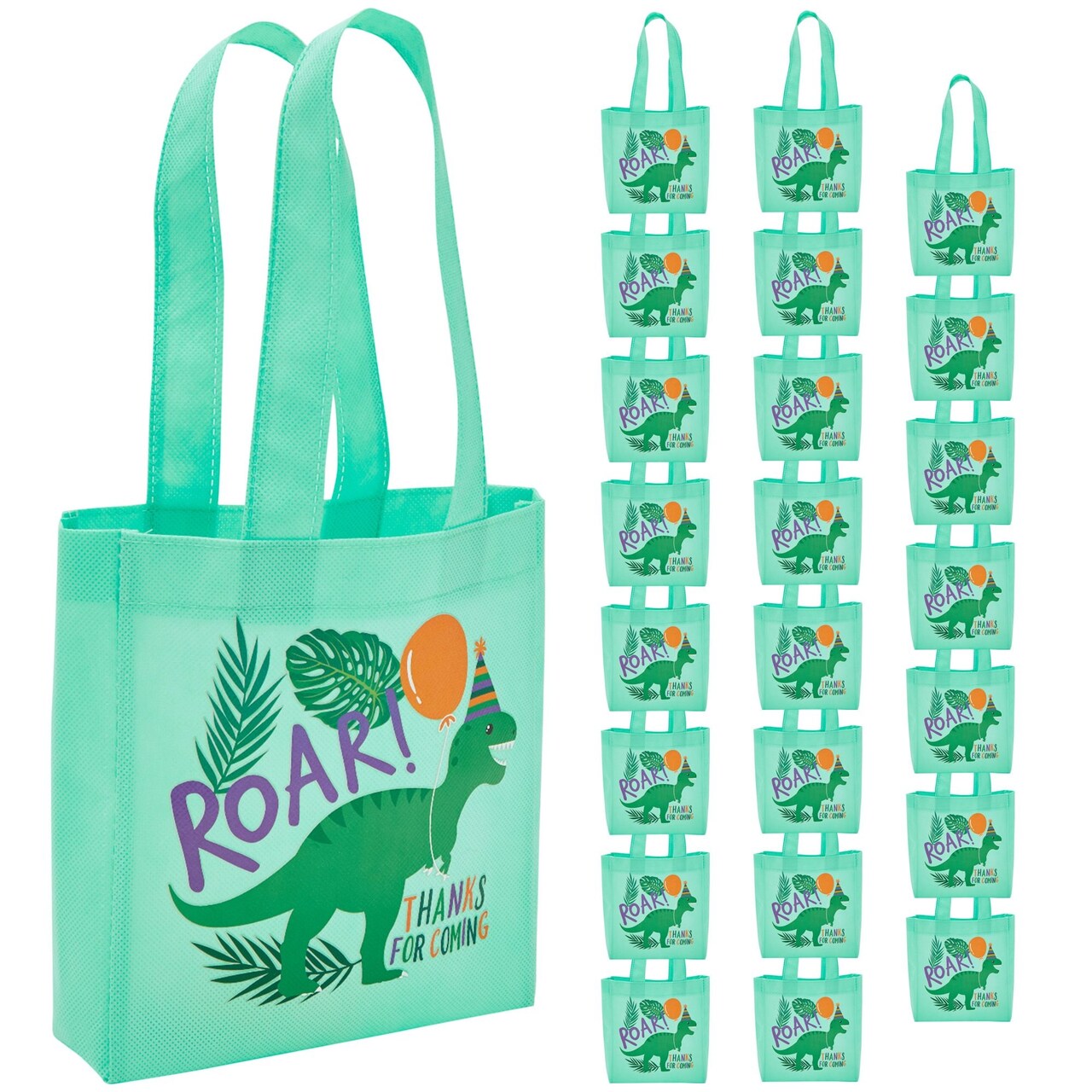 BLUE PANDA 24-Pack Small Dinosaur Tote Party Favor Bags - 6.5 x 7 x 1.8 in Green Non-Woven with Handles - Reusable Dino Goodie & Gift Bags for Kids Birthday - Dinosaur Birthday Decorations